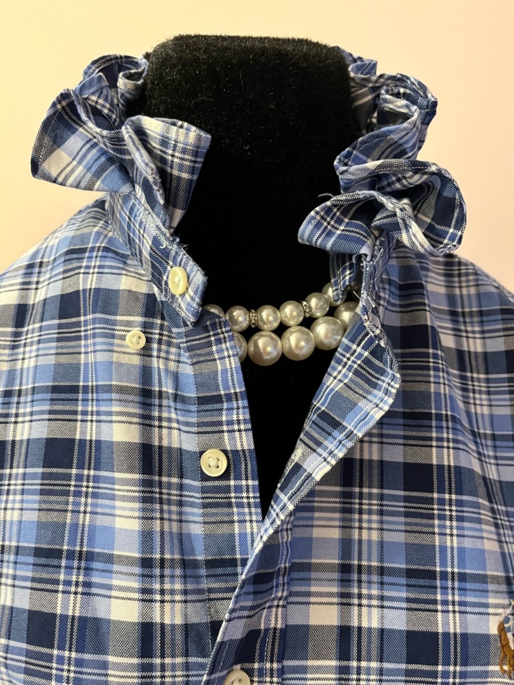 Upcycled Ralph Lauren Navy and Light Blue Plaid Shirt with ruffle collar